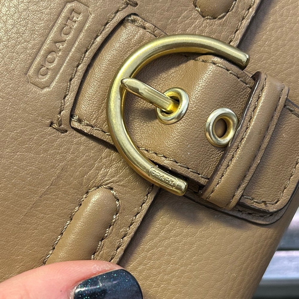 Coach Taupe Leather Flap Wallet Brass Turn Lock Long Bifold Neutral - Picture 5 of 7